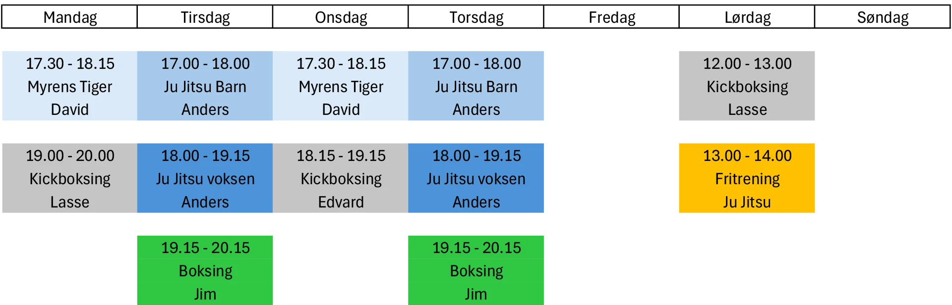 Timeplan kampsport spring 2026